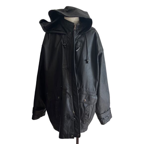 VTG Wilsons Leather Mens XL Black Leather Jacket Zip Up Hooded Toggle